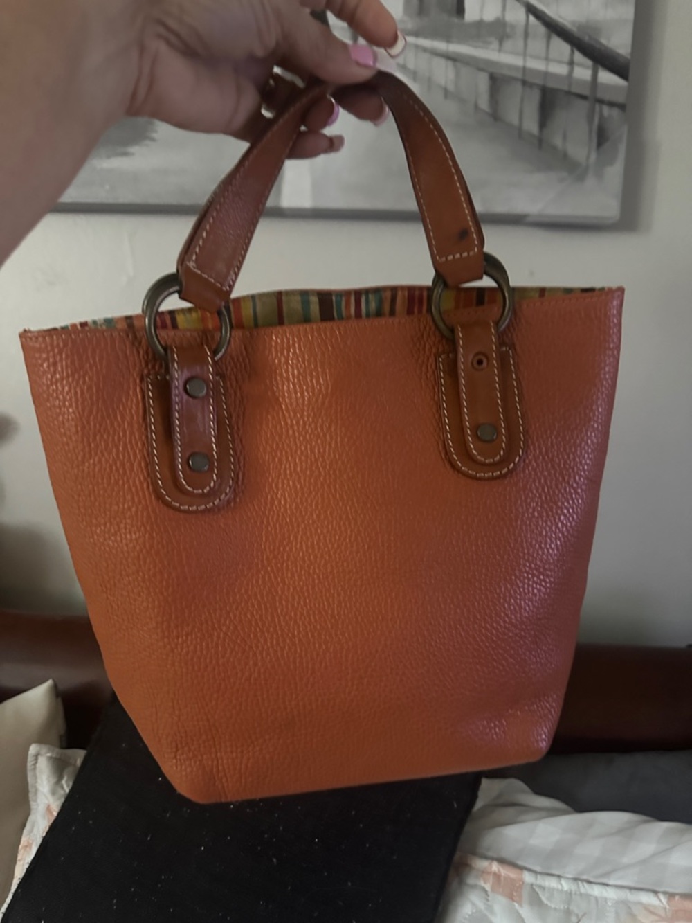 Maurizio Taiuti Orange Leather Tote with Striped Interior Trim